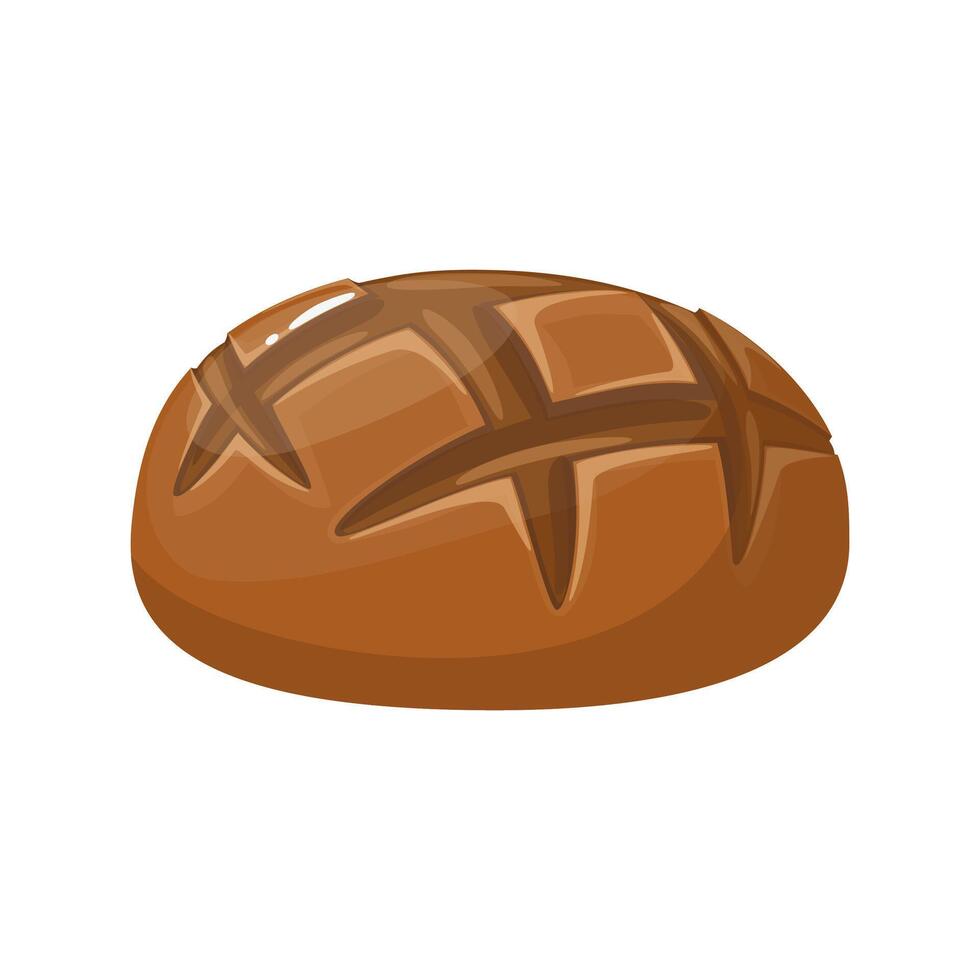 Loaf of whole grain, rye, wheat bread, homemade, baked of yeast dough. Food illustration in flat cartoon style, isolated for bakery poster, banner, card, advertising vector