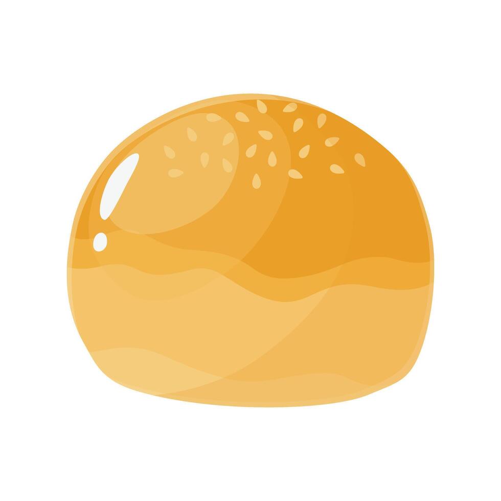 Tasty baked burger bun with sesame seeds in flat cartoon style. Wheat bread roll, brioche, homemade with yeast dough. Isolated bakery food illustration for poster, banner, card, advertising vector