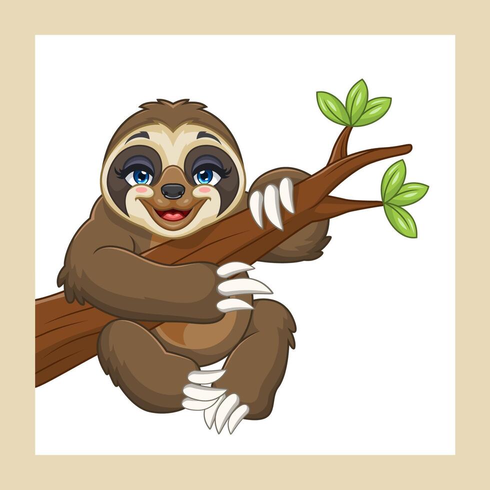 Cartoon sloth hanging on a tree branch vector