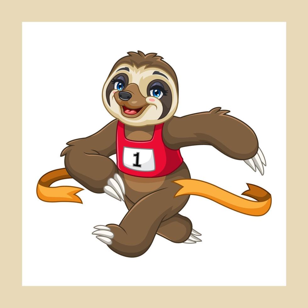 Cute sloth cartoon running race through the finish line vector