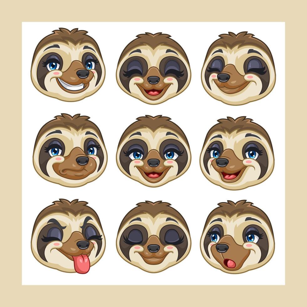 collection of cartoon sloth heads with various expressions vector