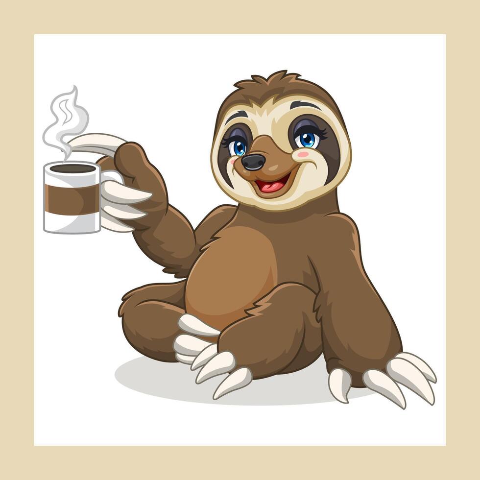 cartoon sloth relaxing with a cup of coffee vector