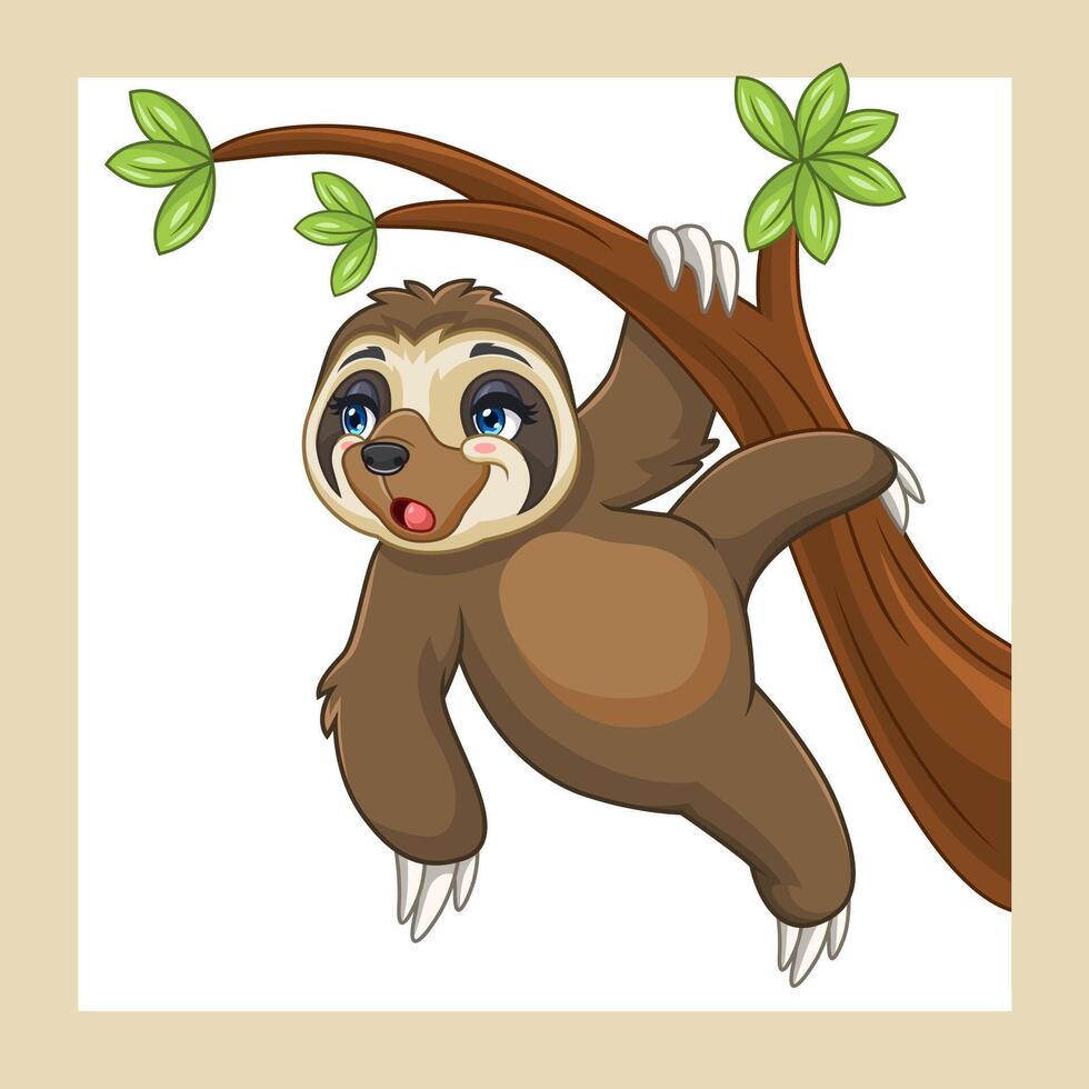 Cartoon cute sloth hanging on a tree branch vector