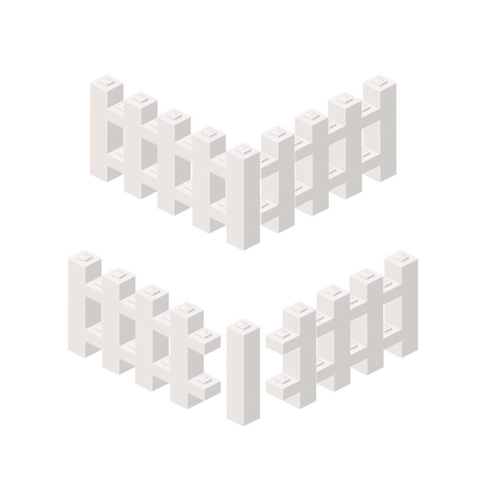 A segment of a white fence with a post in isometry. vector