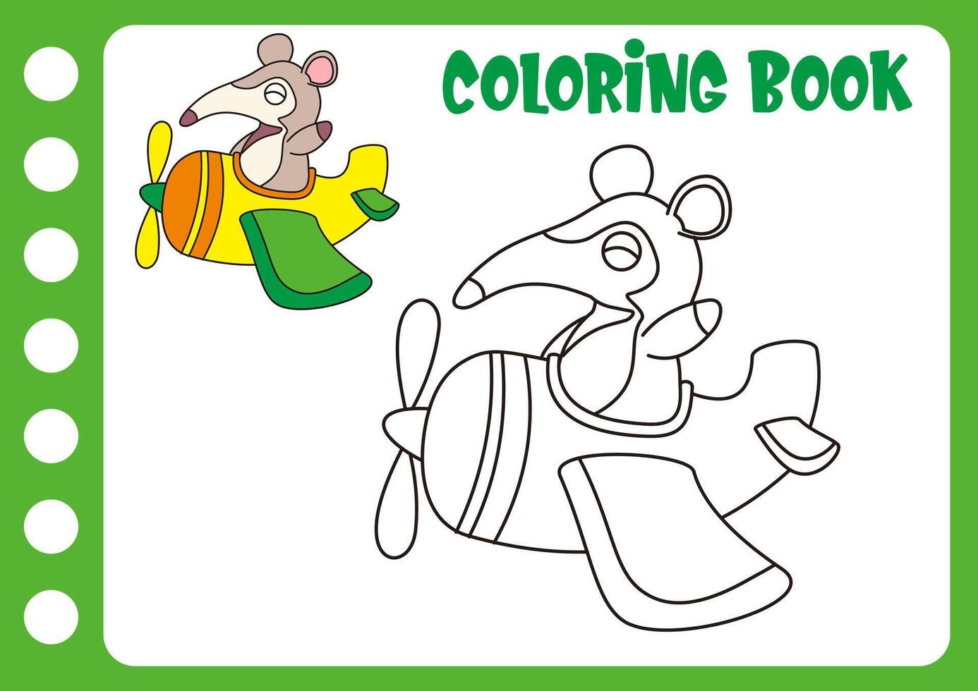 Animal Coloring Book for anteater on a Cute Plane with Examples. Preschool worksheets to practice fine color recognition skills vector