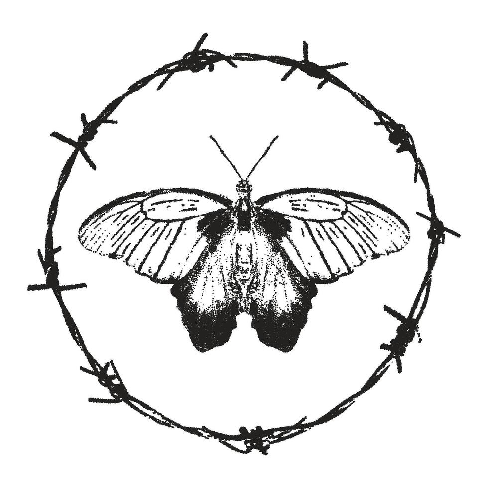 Trendy grunge element with retro photocopy stipple effect. Butterfly and barbed wire round frame Y2K goth core 2000s style. Modern illustration dots texture. For poster design, t-shirt print vector
