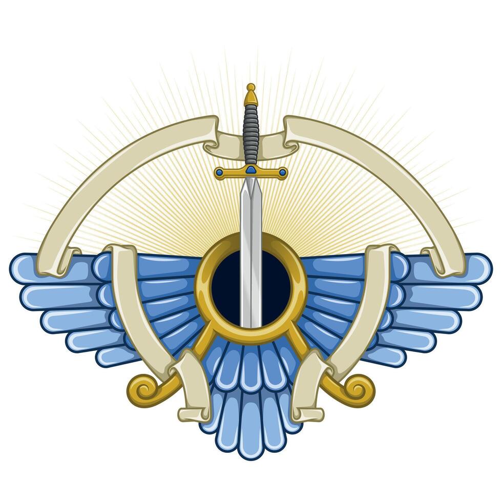 Zoroaster winged solar disk with ribbon and sword vector