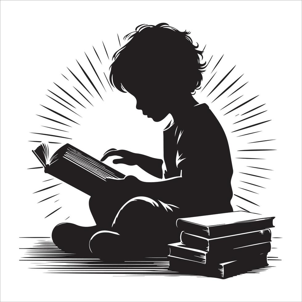 The child is reading a book. Little boy and girl study read book silhouette illustration vector