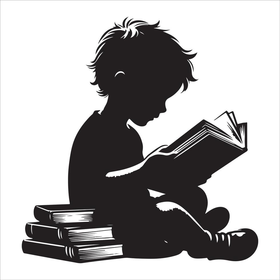 The child is reading a book. Little boy and girl study read book silhouette illustration vector