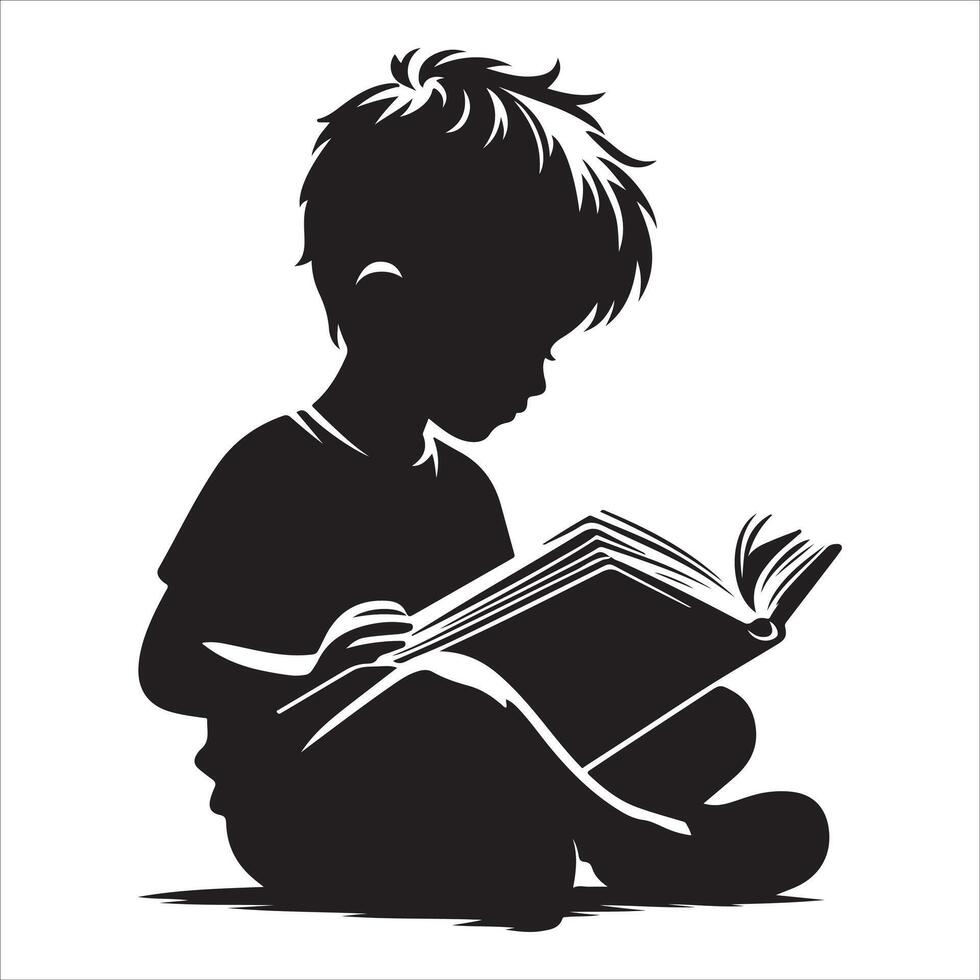 The child is reading a book. Little boy and girl study read book silhouette illustration vector