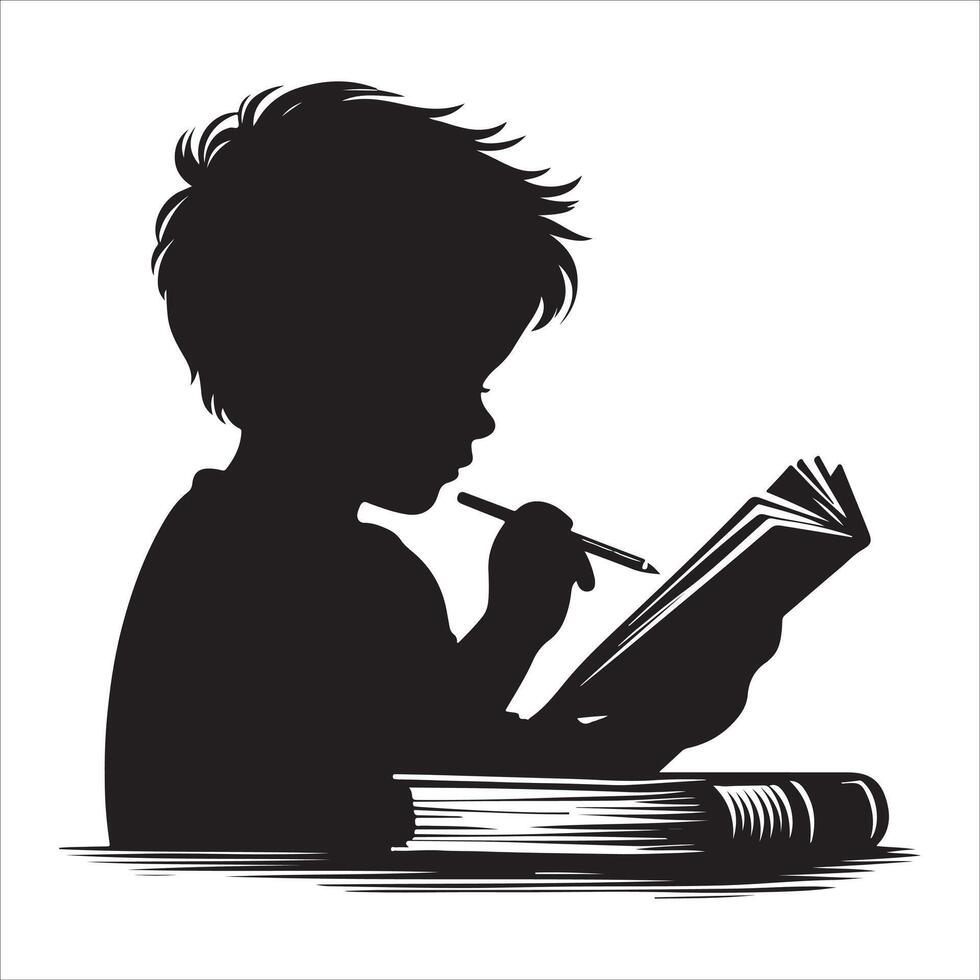 The child is reading a book. Little boy and girl study read book silhouette illustration vector