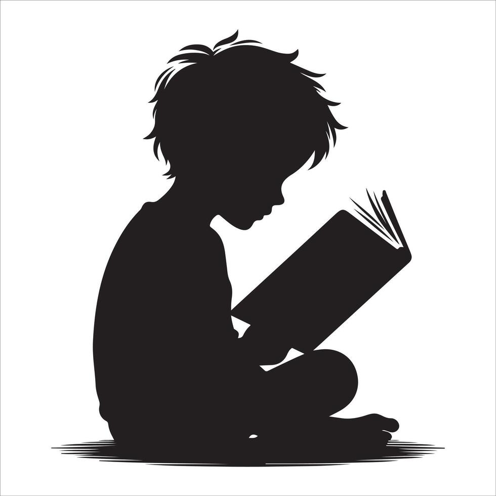 The child is reading a book. Little boy and girl study read book silhouette illustration vector