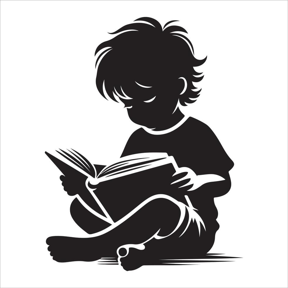 The child is reading a book. Little boy and girl study read book silhouette illustration vector
