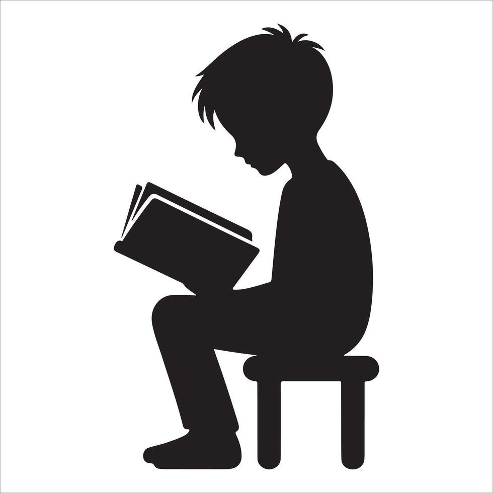 The child is reading a book. Little boy and girl study read book silhouette illustration vector