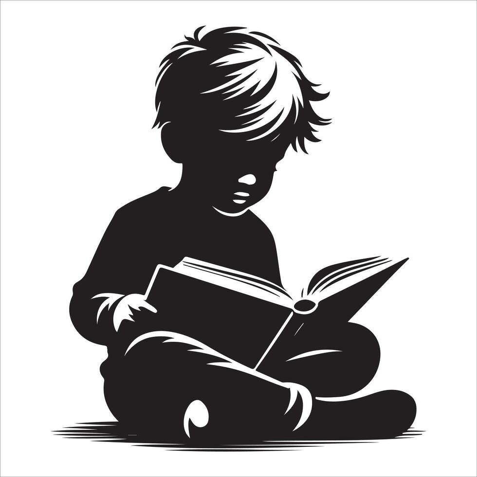 The child is reading a book. Little boy and girl study read book silhouette illustration vector