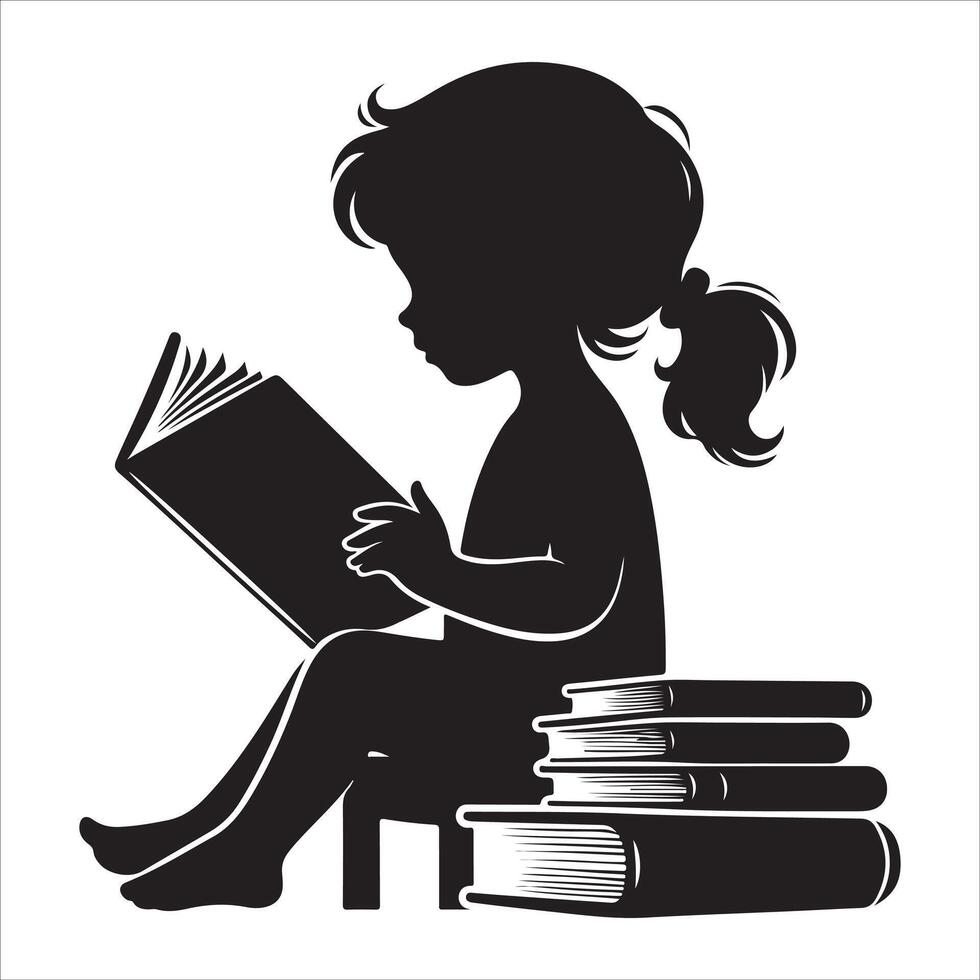 The child is reading a book. Little boy and girl study read book silhouette illustration vector