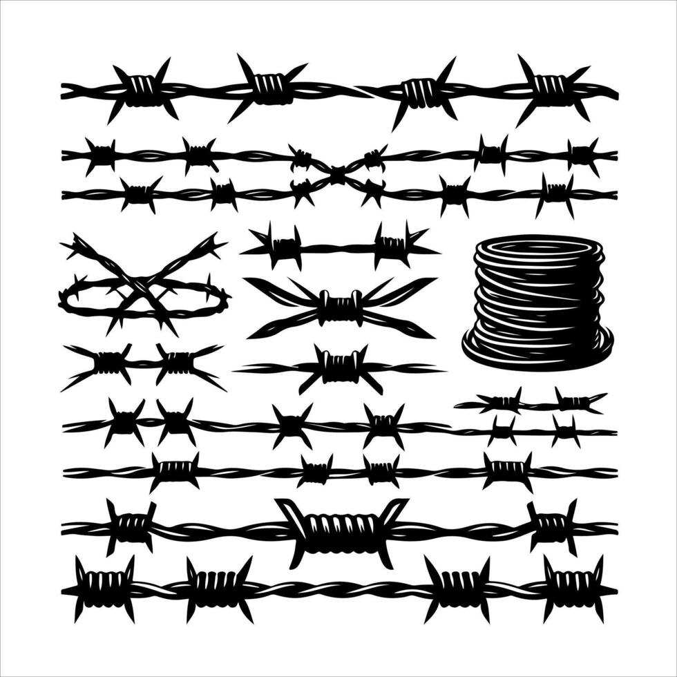 Barbed wire collection silhouette . Barbed wire logo. Razor Wire in trendy minimal geometric style. Brutal prison fence collection. Isolated barbed wire on a white background vector