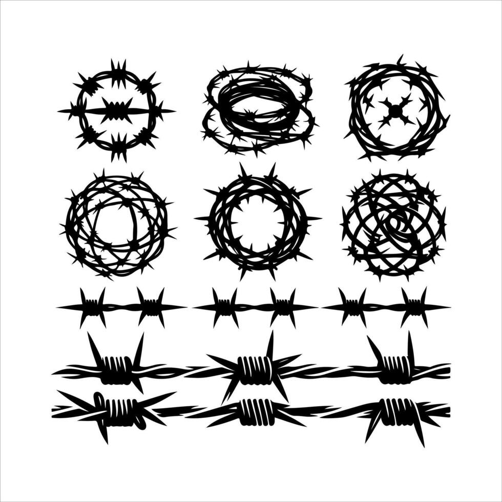 Barbed wire collection silhouette . Barbed wire logo. Razor Wire in trendy minimal geometric style. Brutal prison fence collection. Isolated barbed wire on a white background vector