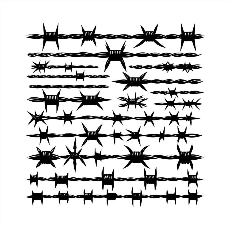 Barbed wire collection silhouette . Barbed wire logo. Razor Wire in trendy minimal geometric style. Brutal prison fence collection. Isolated barbed wire on a white background vector