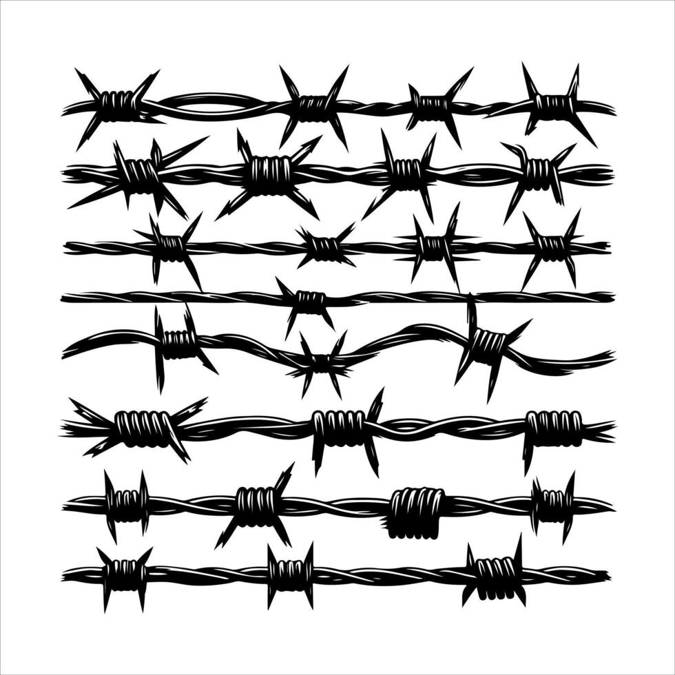 Barbed wire collection silhouette . Barbed wire logo. Razor Wire in trendy minimal geometric style. Brutal prison fence collection. Isolated barbed wire on a white background vector
