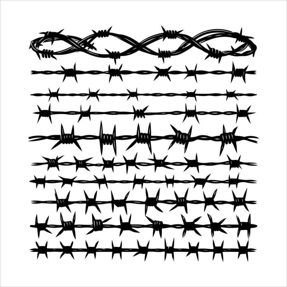 Barbed wire collection silhouette . Barbed wire logo. Razor Wire in trendy minimal geometric style. Brutal prison fence collection. Isolated barbed wire on a white background vector