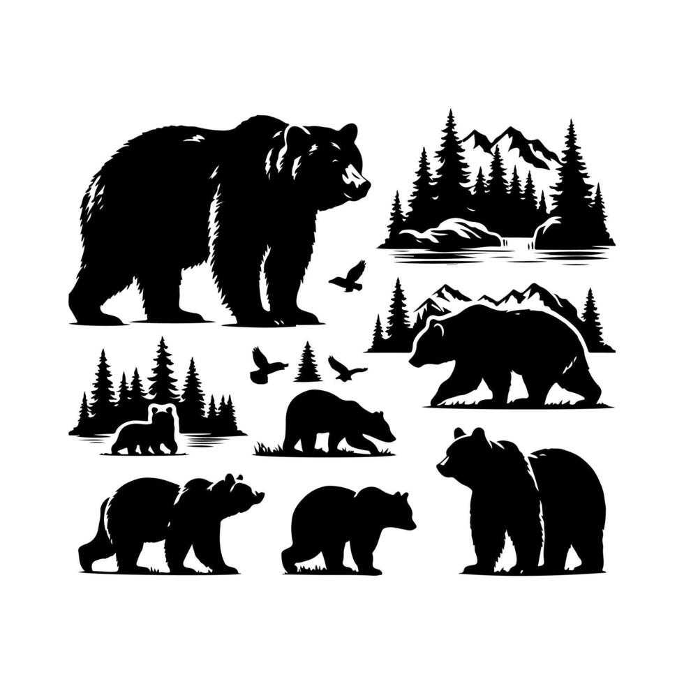 various bear silhouette , Black bears animal logo symbol design. Wild mammal graphic illustration vector