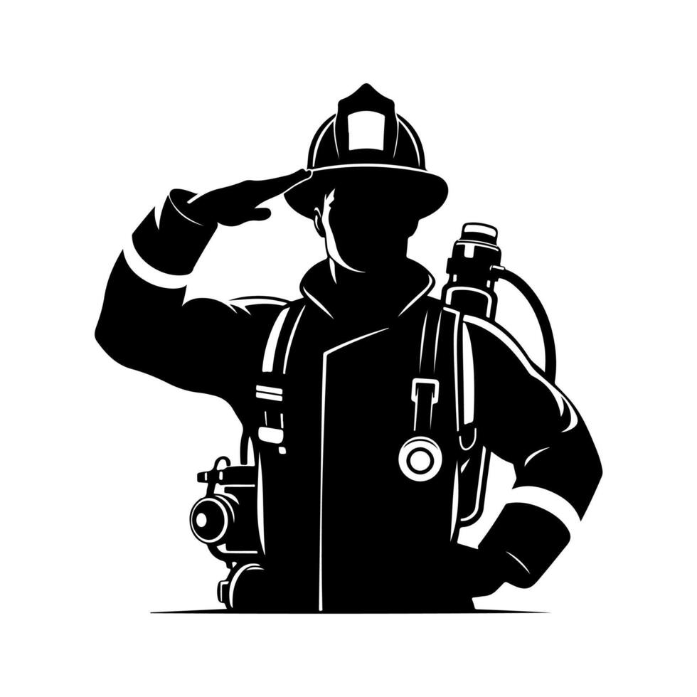 Firefighters pose silhouette, Fireman with equipment silhouette illustration vector
