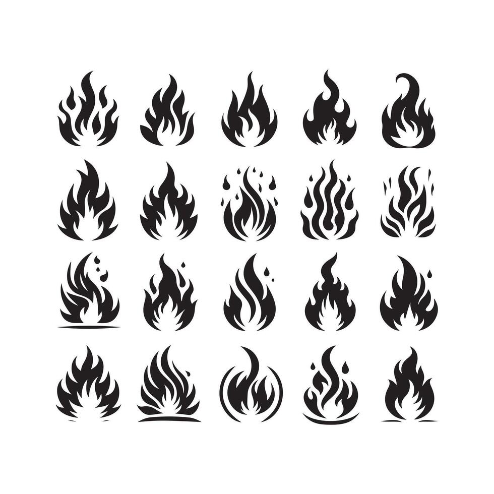 Fire flame silhouette icon set. Flaming campfire, Fire flames silhouette isolated on white background vector