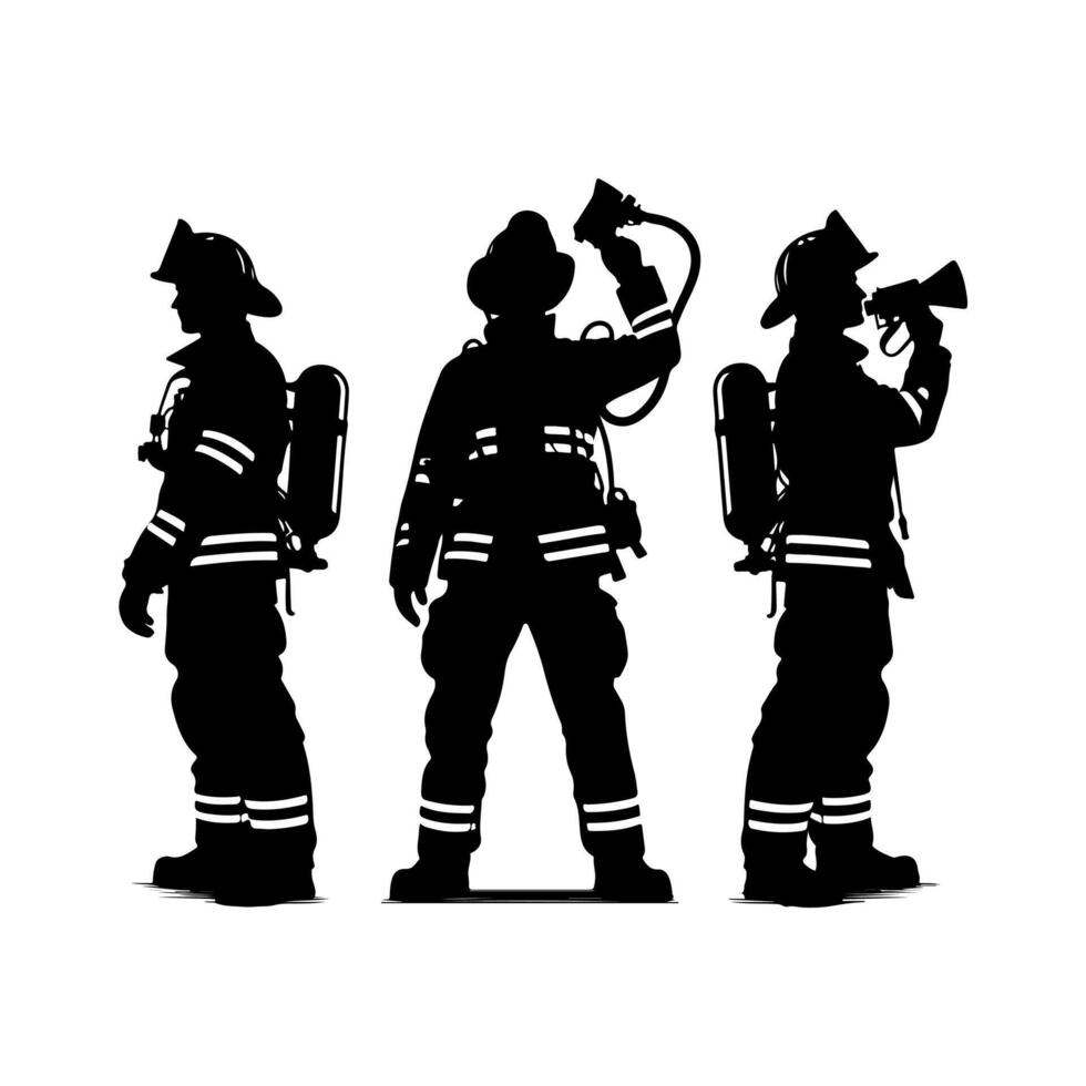 Firefighters pose silhouette, Fireman with equipment silhouette illustration vector