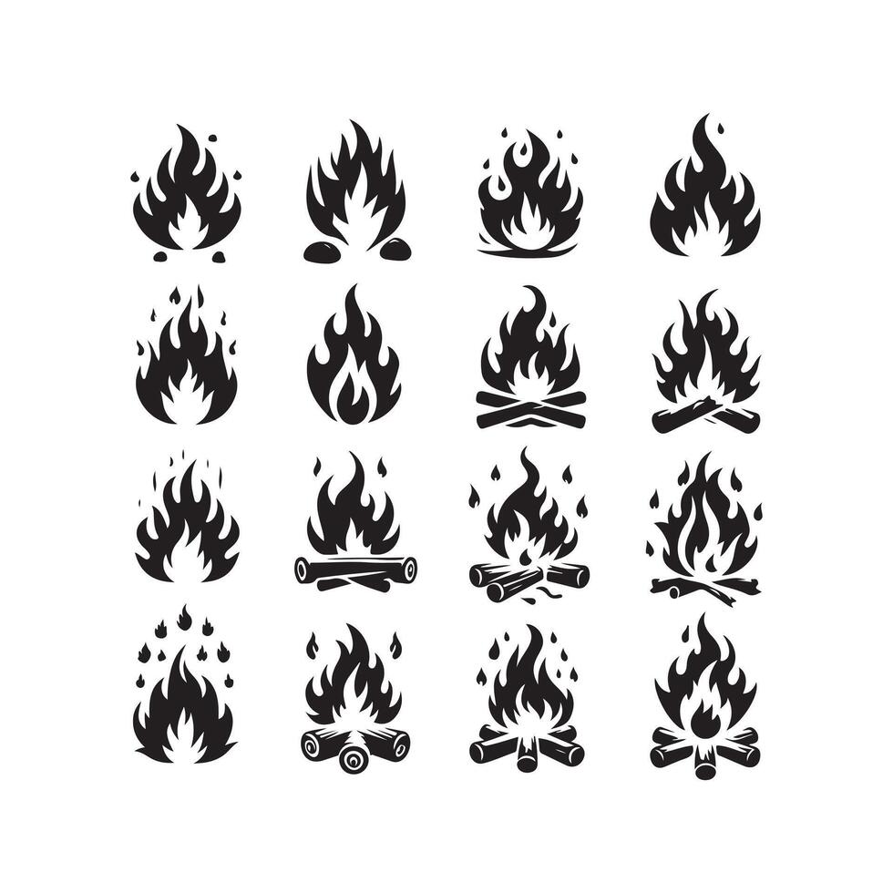 Fire flame silhouette icon set. Flaming campfire, Fire flames silhouette isolated on white background vector