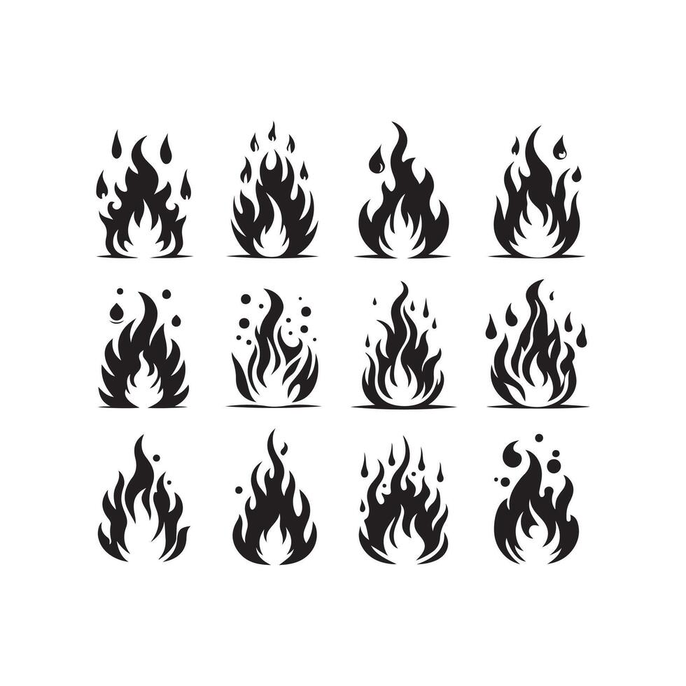 Fire flame silhouette icon set. Flaming campfire, Fire flames silhouette isolated on white background vector