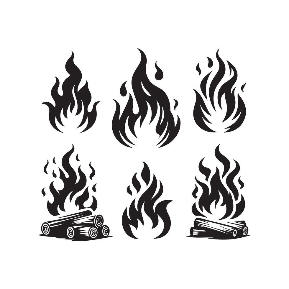 Fire flame silhouette icon set. Flaming campfire, Fire flames silhouette isolated on white background vector