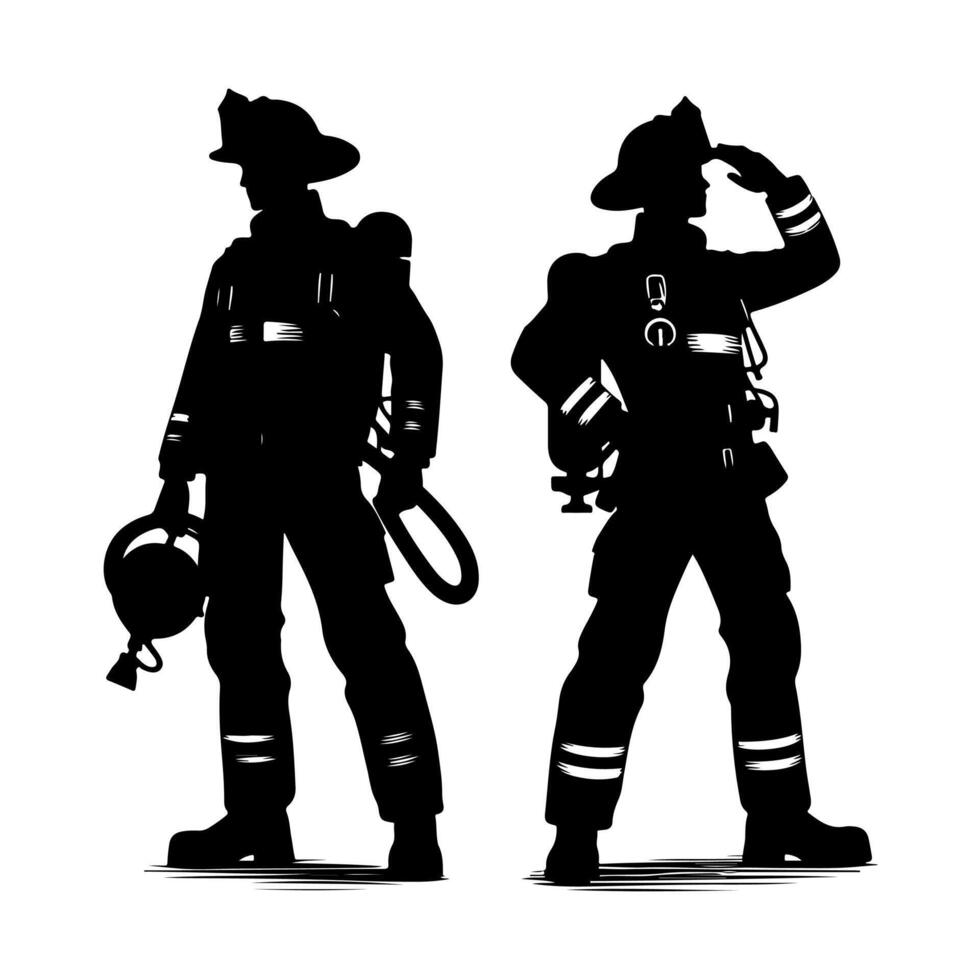 Firefighters pose silhouette, Fireman with equipment silhouette illustration vector