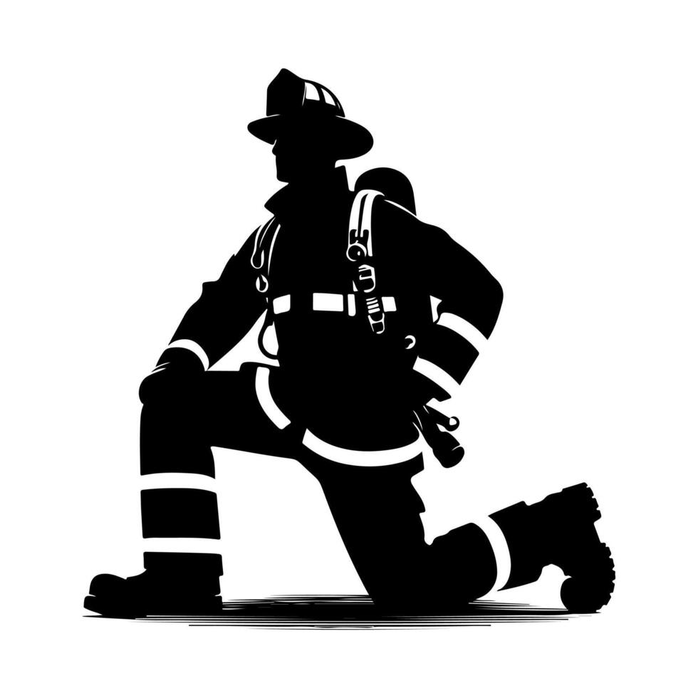 Firefighters pose silhouette, Fireman with equipment silhouette illustration vector