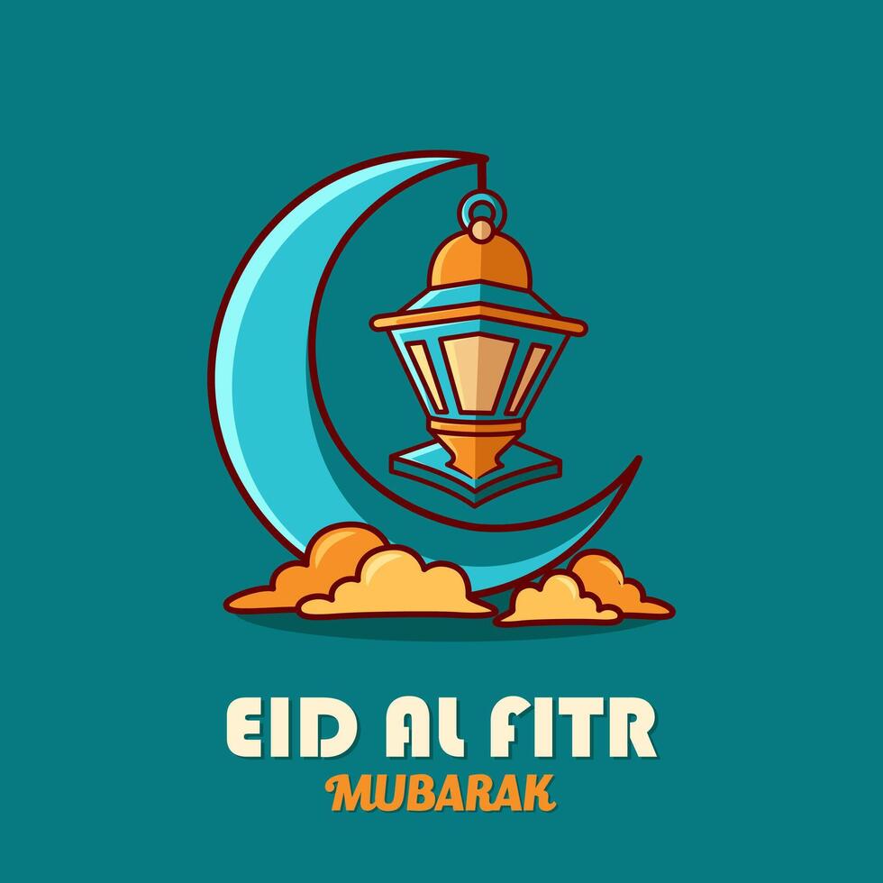 Greeting Eid Al Fitr Mubarak Cartoon Simple Design Style, With Cute Lantern and Blue Background. Suitable to Use for Ramadhan or Islamic Event. vector