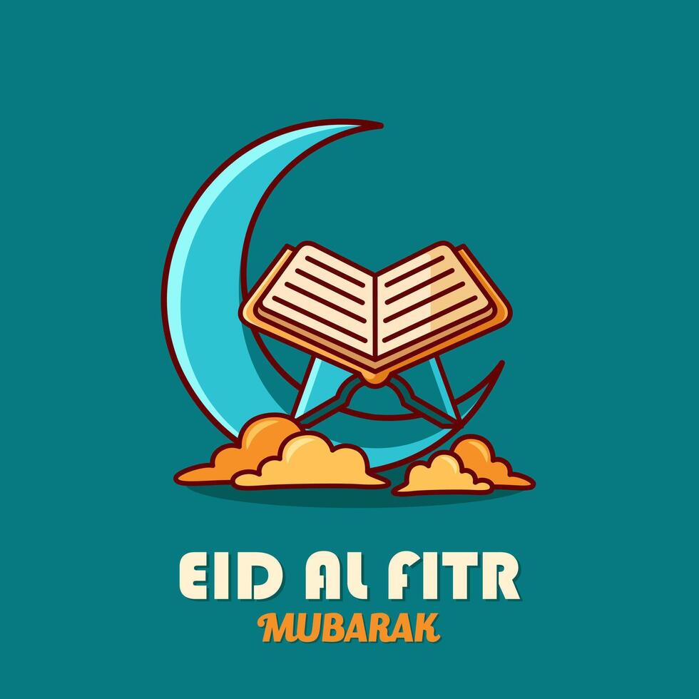 Greeting Eid Al Fitr Mubarak Cartoon Simple Design Style, With Cute Al-Qur'an and Blue Background. Suitable to Use for Ramadhan or Islamic Event. vector