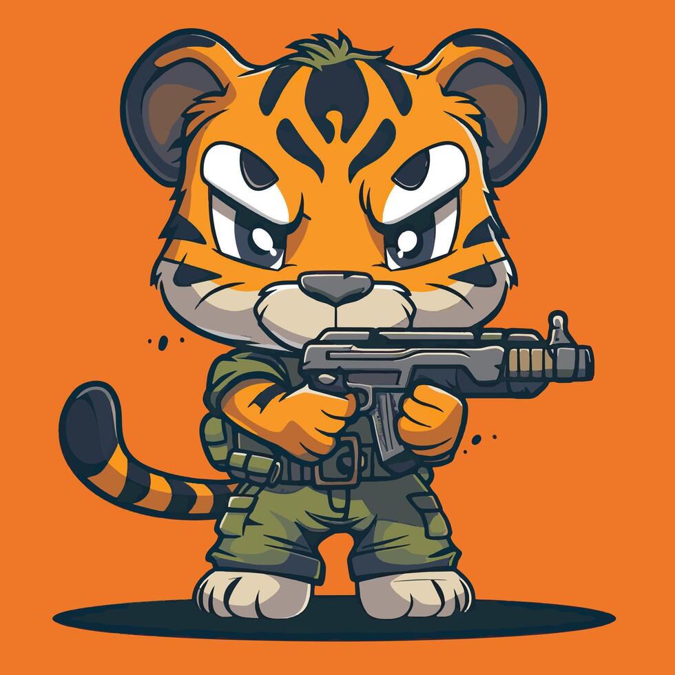 Adorable Tiger with Weapon Game Hero Style vector