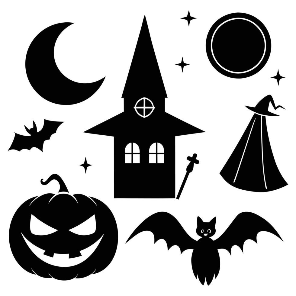 Vintage-Style Halloween Elements Retro Aesthetic Witches Silhouette Art illustration Bundle. vector