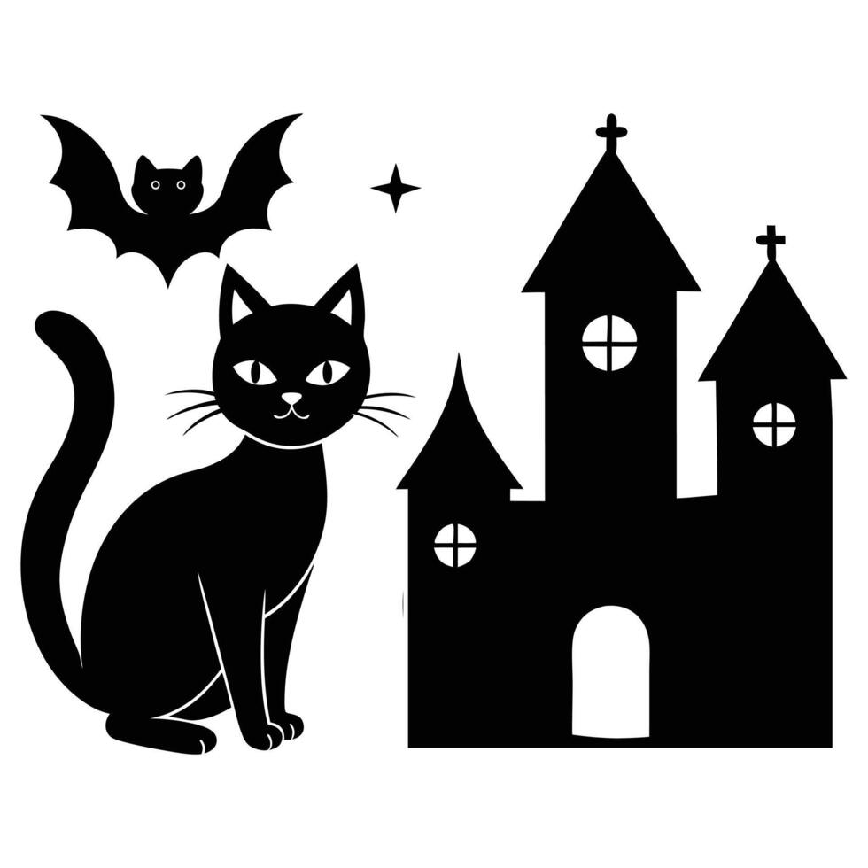 Vintage Halloween Elements Icon Bundle - Retro Black Cats Silhouette Art Illustration Set vector