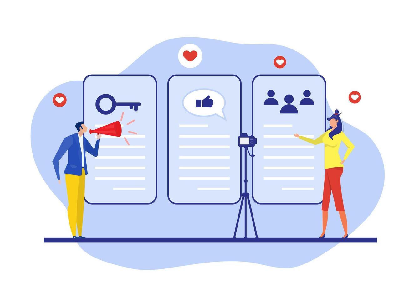 Top Key Opinion Leader, woman use Social media influencer. Blogger man with megaphone and Tiny people followers.Girl with Currency Sign from Blogging Activity.Modern flat cartoon style. vector