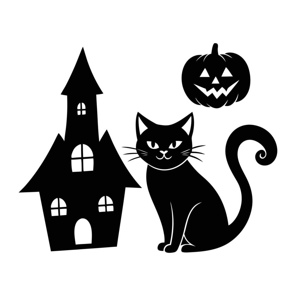Vintage Halloween Elements Icon Bundle - Retro Black Cats Silhouette Art Illustration Set vector