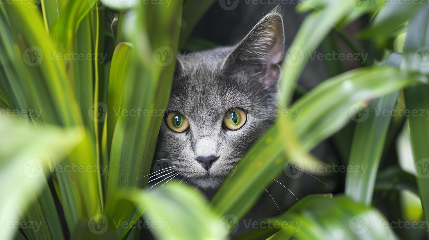 A grey cat with bright eyes hiding among green plants photo