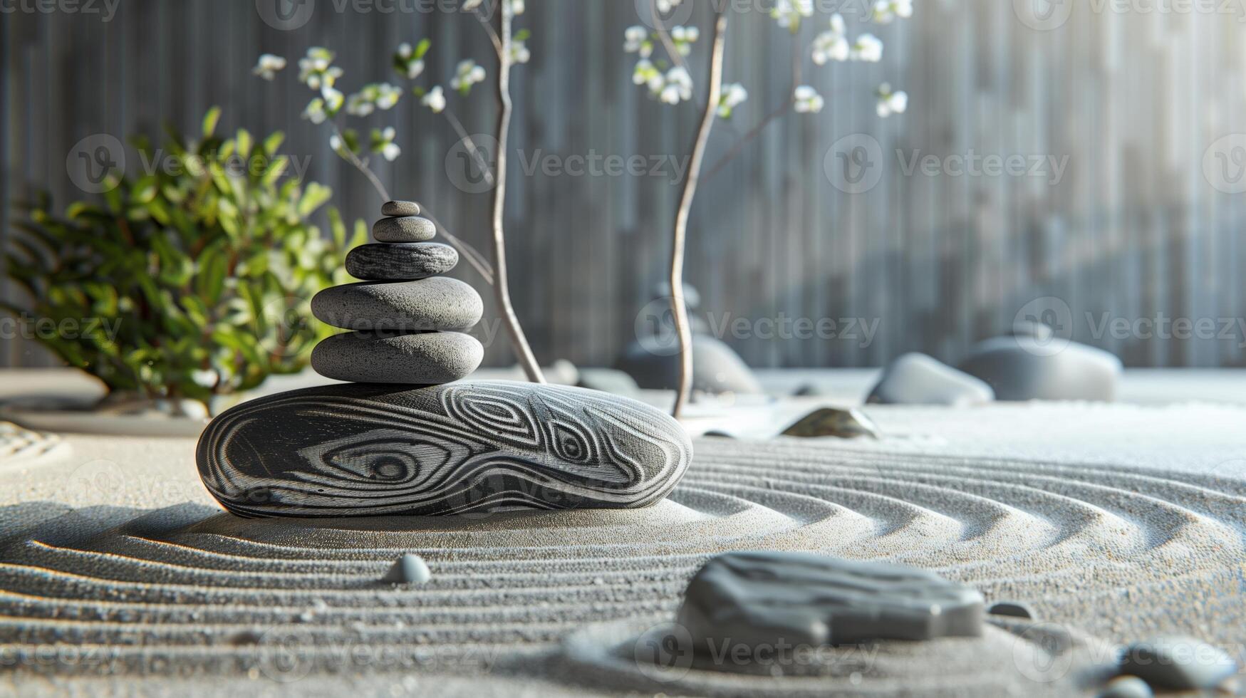 An image featuring a serene zen garden setting with a display stand photo