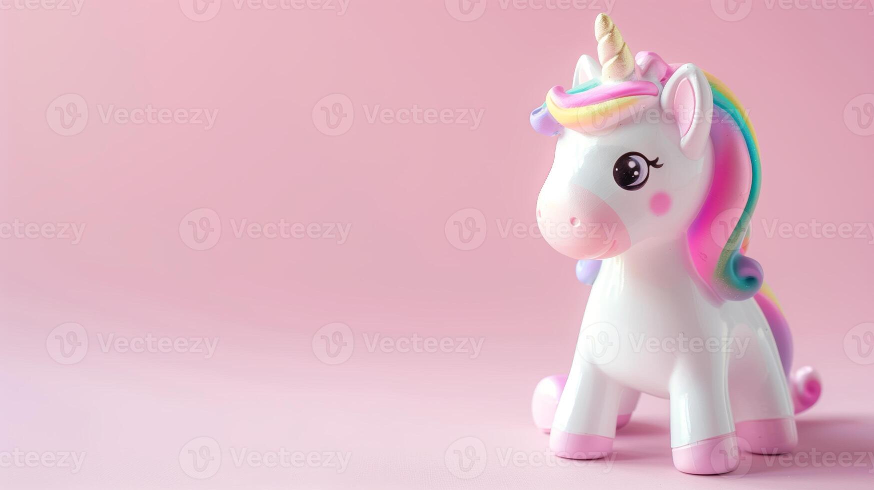 A whimsical unicorn toy with a rainbow mane on a soft pink background photo