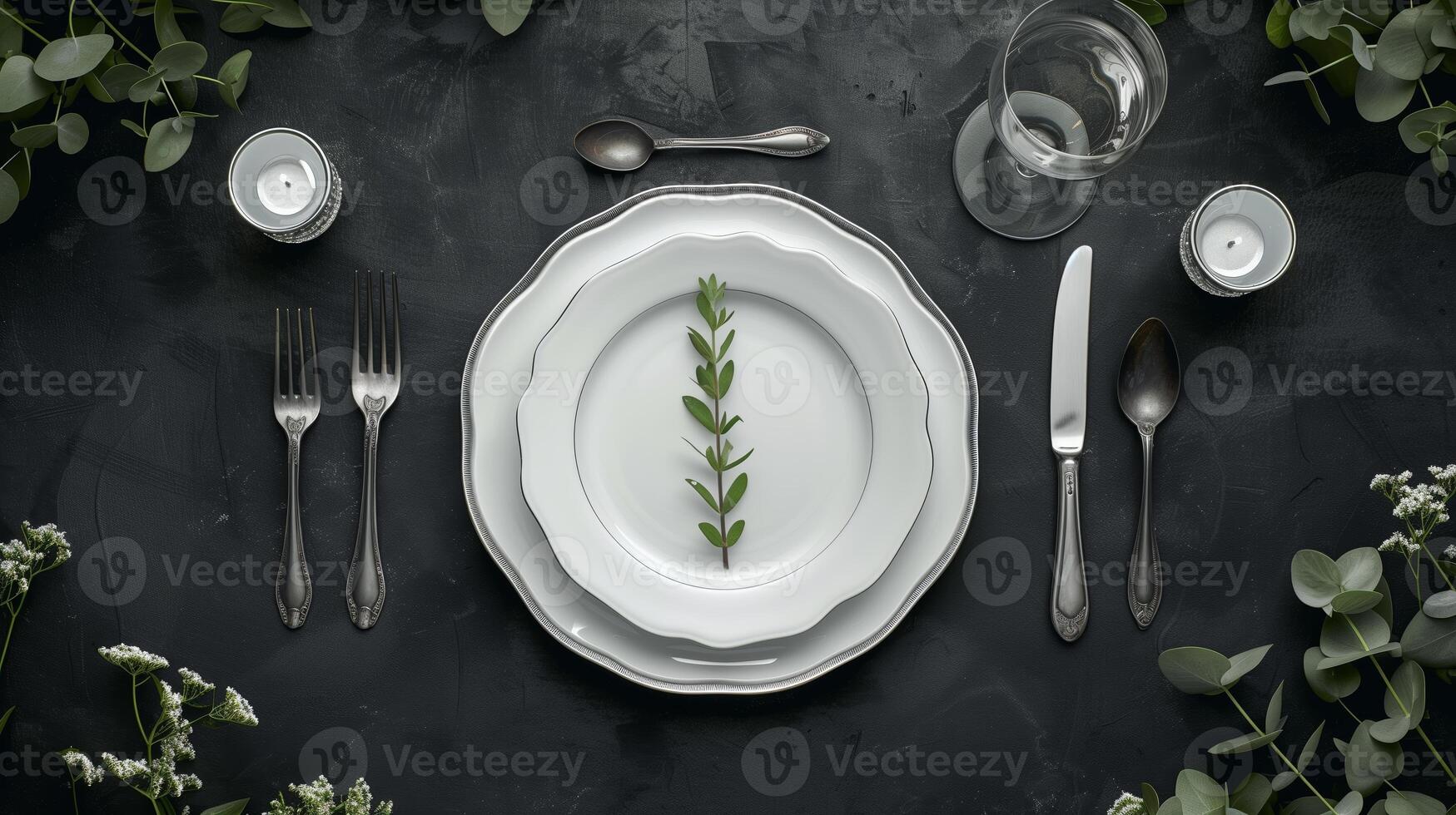Minimalist table setting with white plate and silverware photo