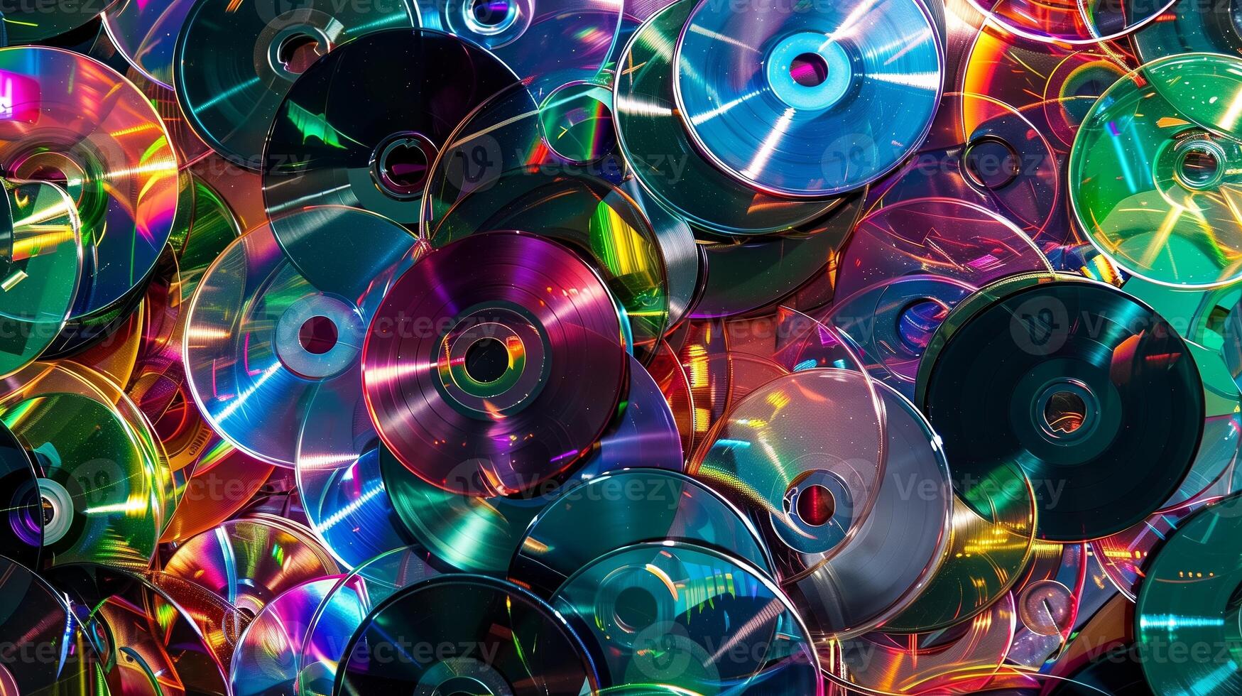 Colorful stack of CDs in a chaotic pile photo
