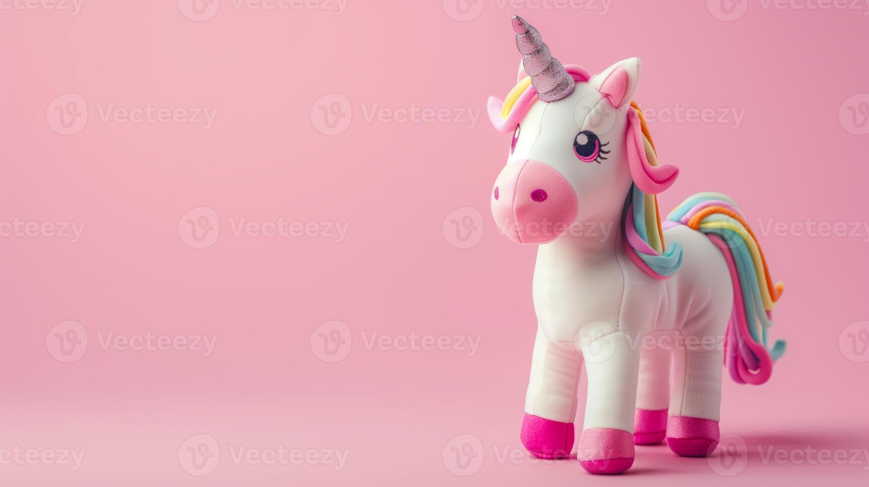 A whimsical unicorn toy with a rainbow mane on a soft pink background photo