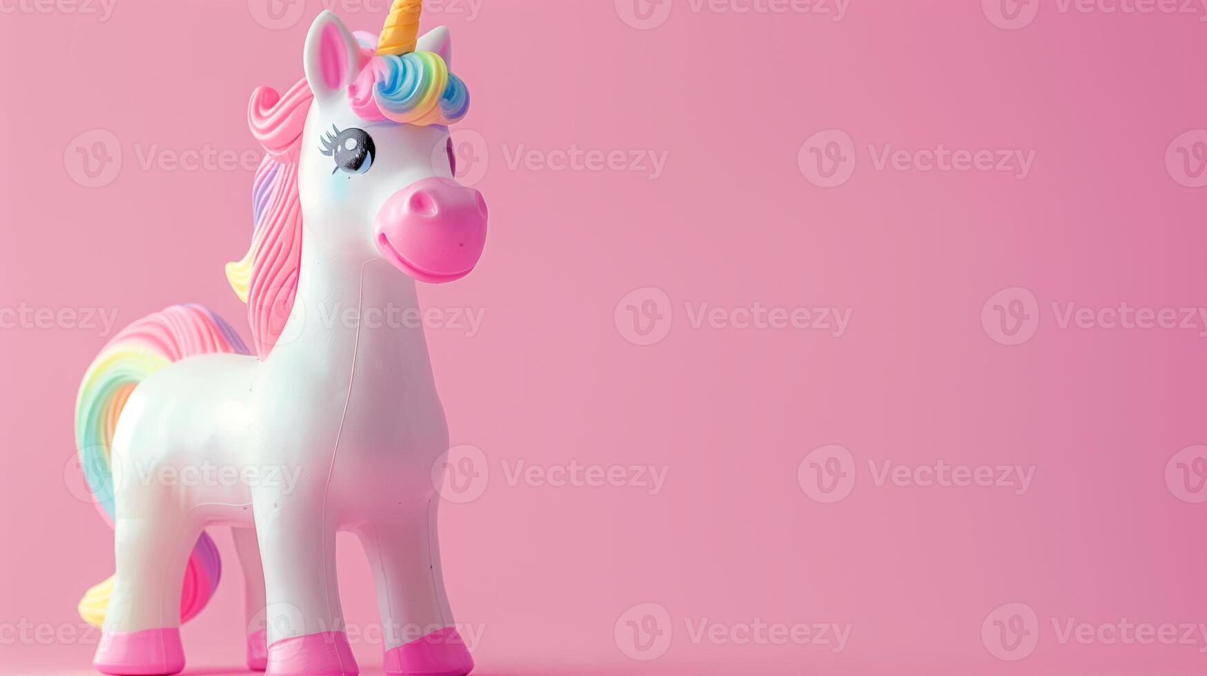 A whimsical unicorn toy with a rainbow mane on a soft pink background photo