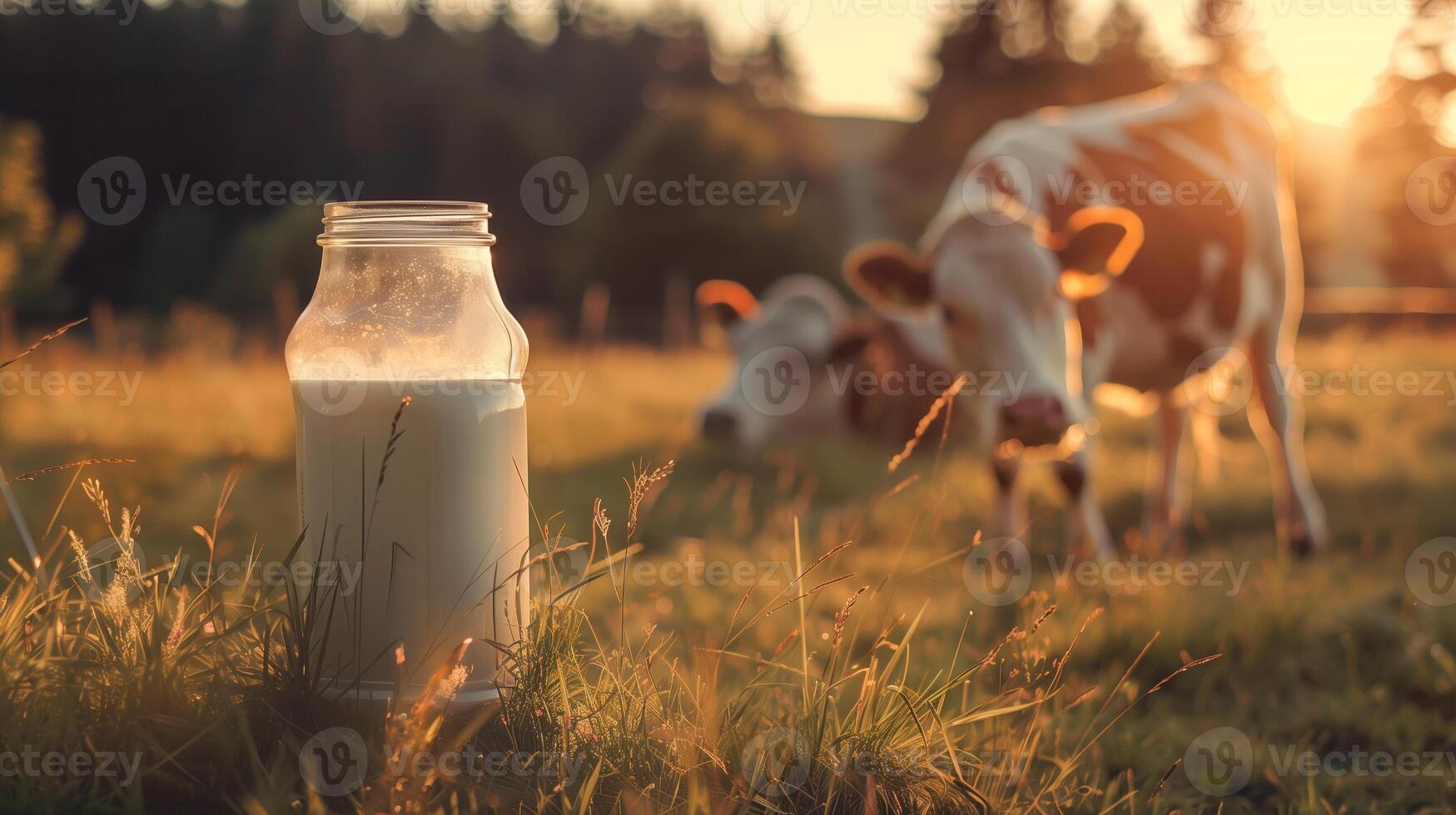 Fresh dairy milk in a rustic outdoor setting with a grazing cow photo