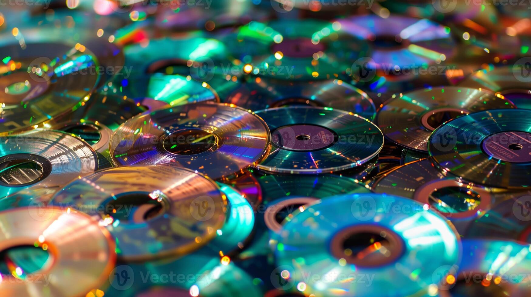 Colorful stack of CDs in a chaotic pile photo